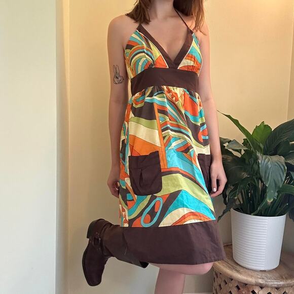 Vintage mod vibrant eyeshadow halter neck dress with pockets size 9 - Picture 4 of 6